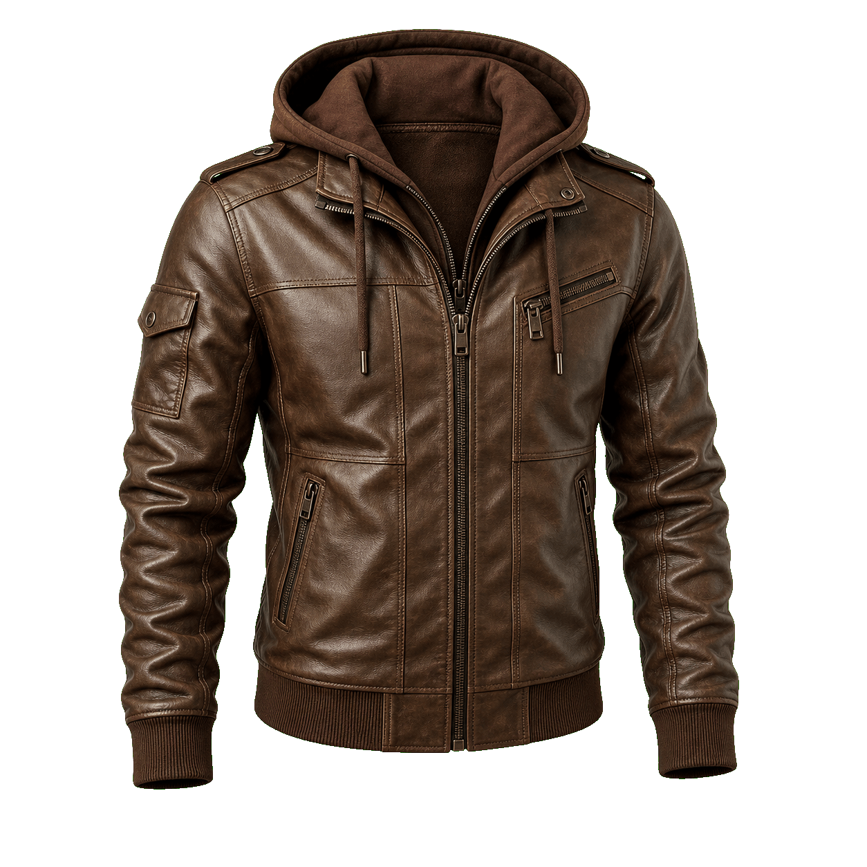 Braune Lederjacke mit Kapuze als Premium Produkt fuer individuellen Druck