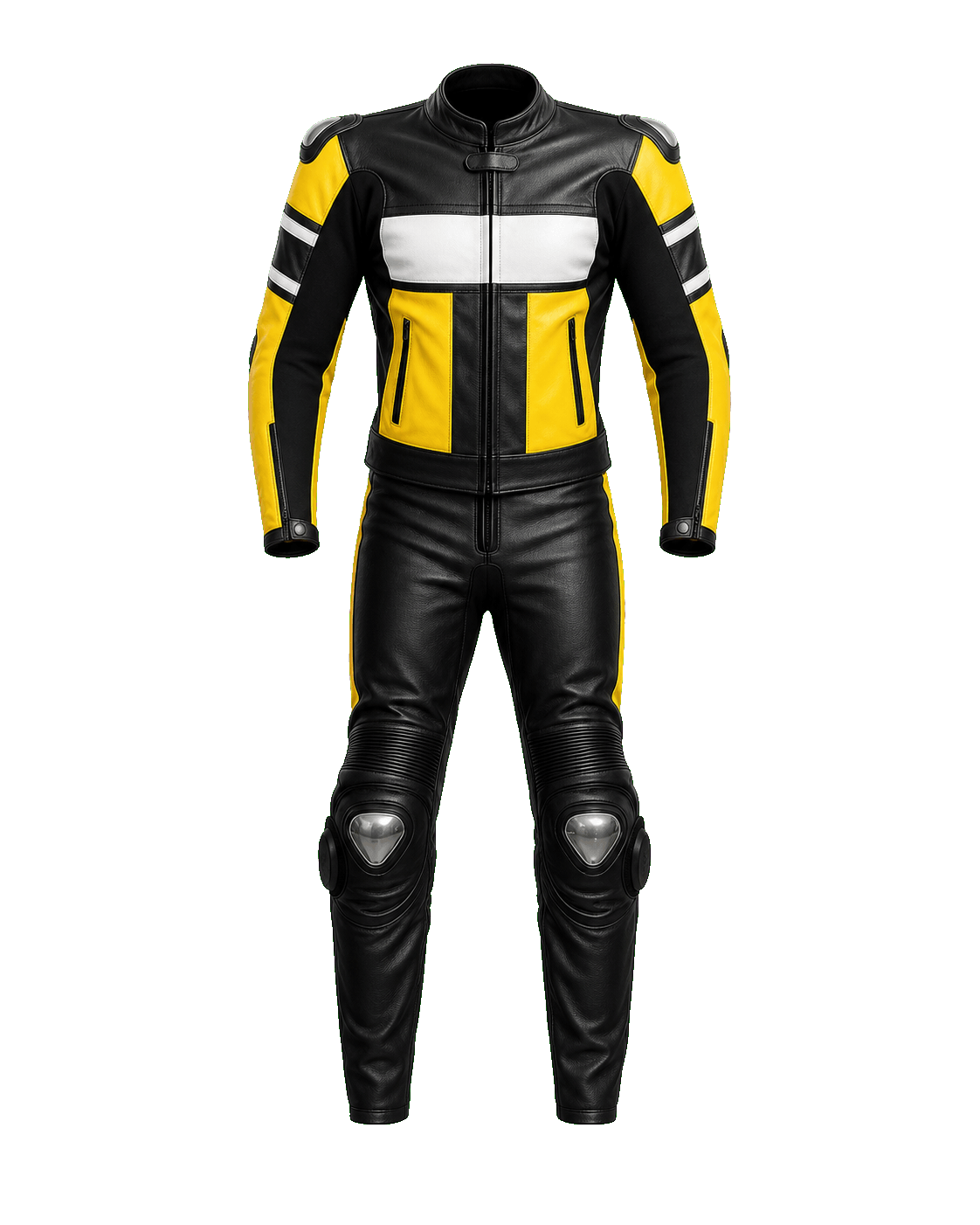 Schwarz-gelbe Motorrad-Lederkombi als Premium Produkt fuer Team- und Sponsorendruck