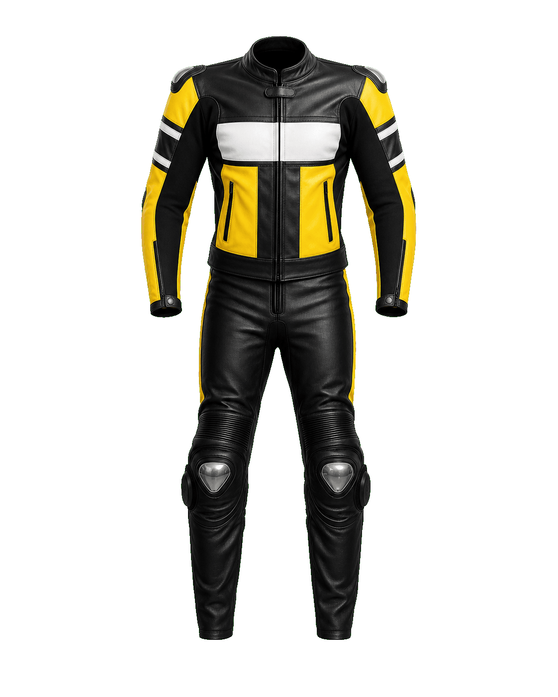 Schwarz-gelbe Motorrad-Lederkombi als Premium Produkt fuer Team- und Sponsorendruck
